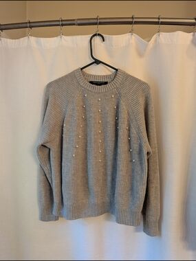 French Connection Pearl-Embellished Crewneck Sweater - Light Gray